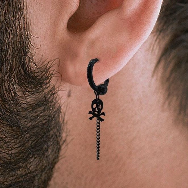 Black Skull Hoops Earrings, Black Long Chain Hoops, Huggie Hoop Earrings, Mens Earrings, Dangle Hoops, Minimalist Hoops, segment hoop, A129