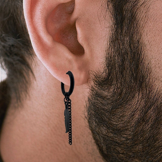 Black Feather and Chain, Earring, Mens Earrings, Black Bar Earrings, Minimalist, Male Earring, Mens, Single earring for Men, A120