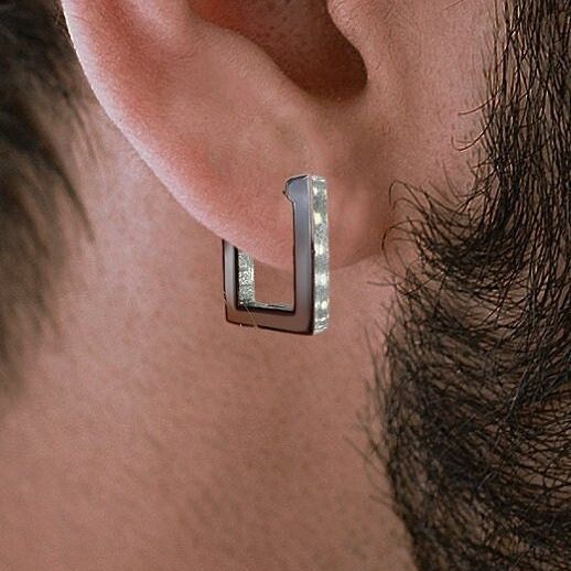 Manly Earrings - Silver Rectangle Huggie Earring, gift for manly man, Mens Huggie Hoop Earring, Silver Hoop Earrings, Silver Earrings, A435